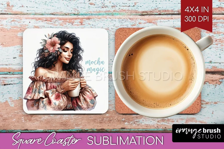 Coffee Girl Square Coaster - Coffee Lover Coaster PNG
