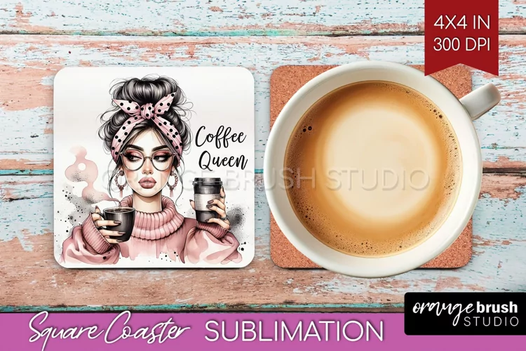 Coffee Girl Square Coaster - Coffee Lover Coaster PNG