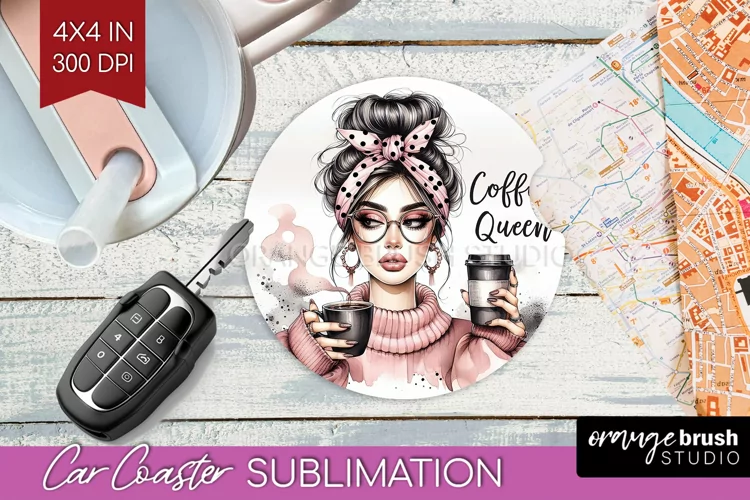 Coffee Girl Car Coaster - Coffee Lover Coaster PNG