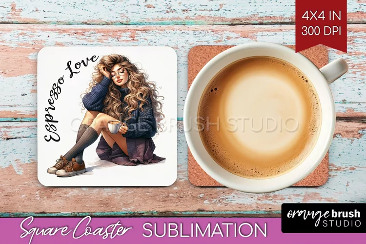 Coffee Girl Square Coaster - Coffee Lover Coaster PNG