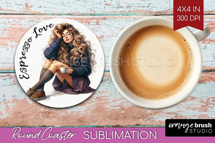 Coffee Girl Round Coaster - Coffee Lover Coaster PNG