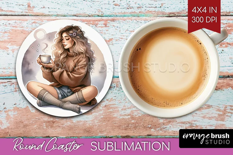 Coffee Girl Round Coaster - Coffee Lover Coaster PNG