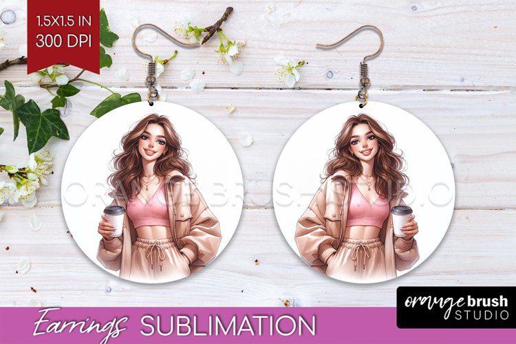 Coffee Girl Round Earrings - Coffee Lover PNG Sublimation