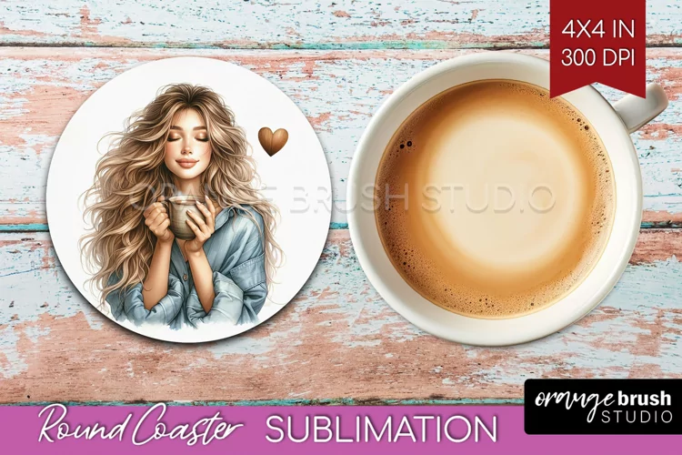 Coffee Girl Round Coaster - Coffee Lover Coaster PNG