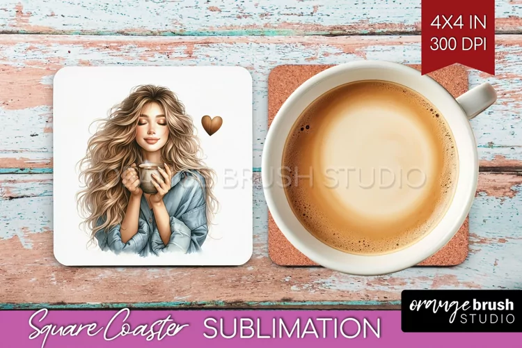 Coffee Girl Square Coaster - Coffee Lover Coaster PNG