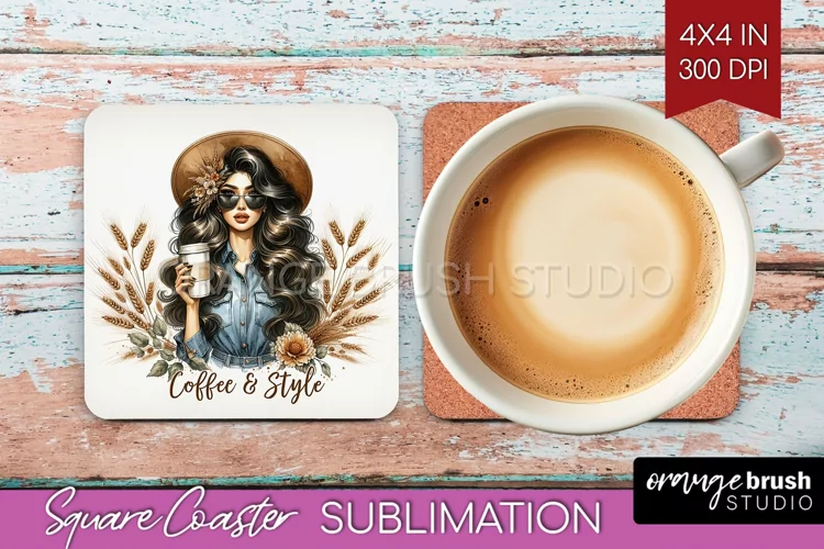 Coffee Girl Square Coaster - Coffee Lover Coaster PNG