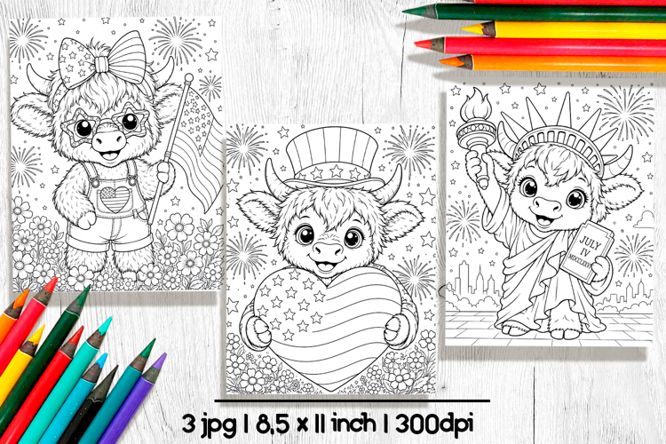 Cute highland cow patriotic coloring pages