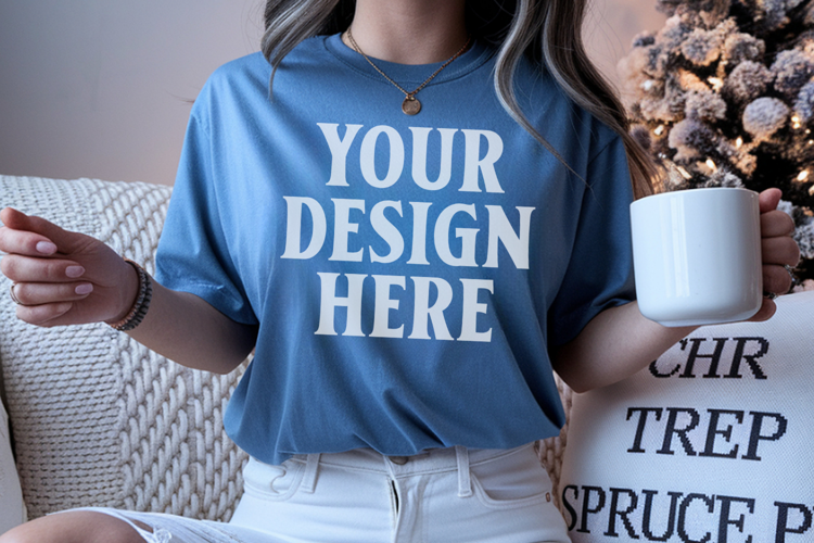 Blue Jean Comfort Colors 1717 Christmas Shirt Mockup, Cozy B