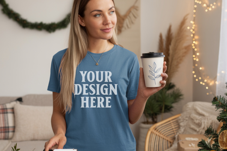 Comfort Colors 1717 Blue Jean Christmas T-Shirt Mockup, Boho