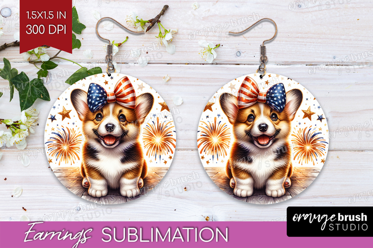 Corgi Dog Round Earrings Patriotic Dog PNG Sublimation
