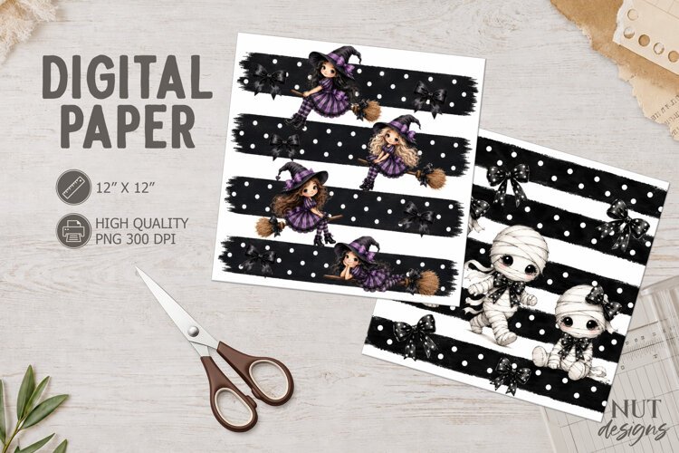 Halloween Cute Witch and Mummy Digital Paper example image 1