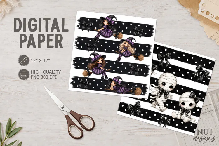 Halloween Cute Witch and Mummy Digital Paper