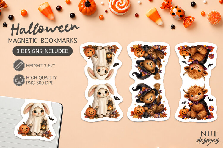 Halloween Bookmarks Ghost Bunny Witch Bear Highland cow example image 1