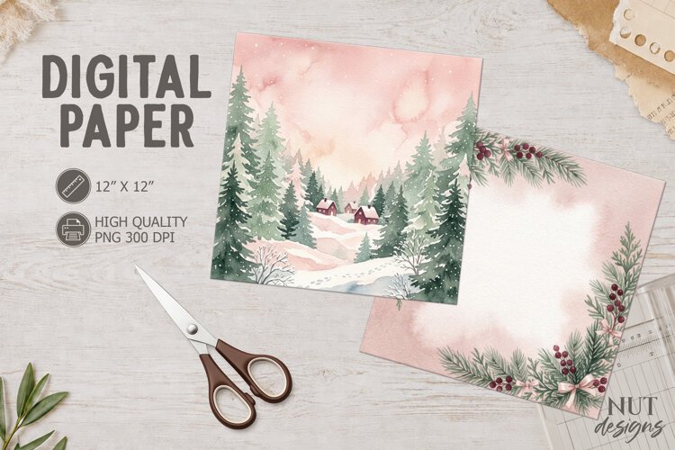Watercolor Winter Cottage Digital Paper Watercolor Christmas example image 1