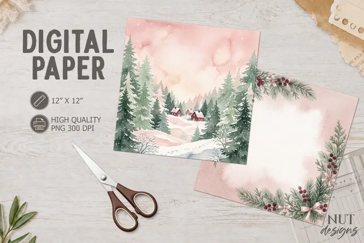 Watercolor Winter Cottage Digital Paper Watercolor Christmas