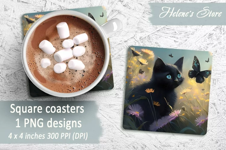 Black Cat Square Coasters | Summer Cat Sublimation Coaster