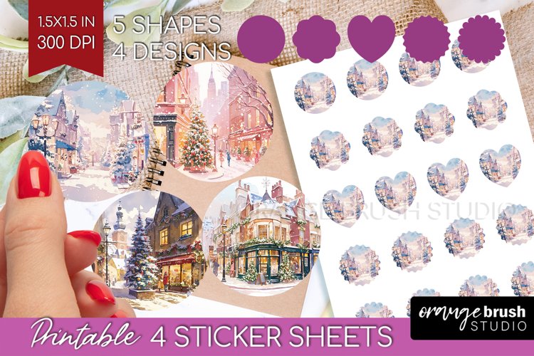Christmas City Round Sticker - Cozy Christmas Printable