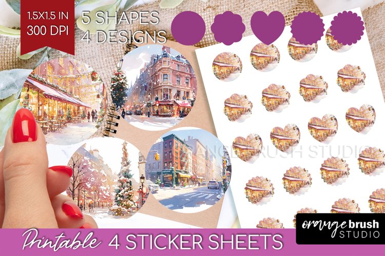 Christmas City Round Sticker - Cozy Christmas Printable