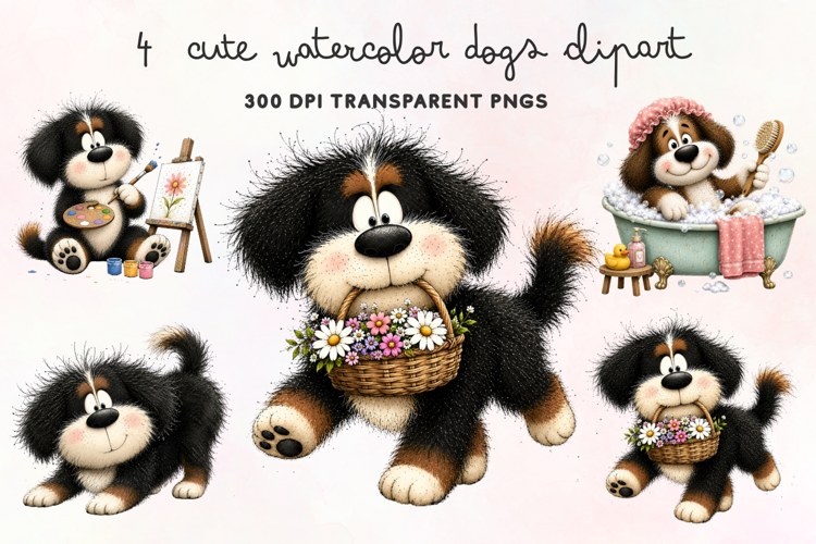 Cute Watercolor Dogs Clipart PNG