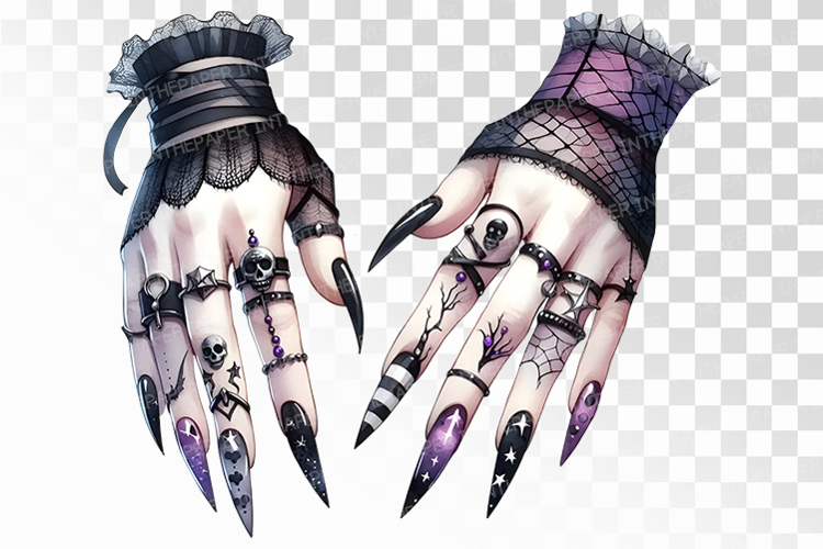 Halloween Gothic Hands with Intricate Nail Art Digital PNG
