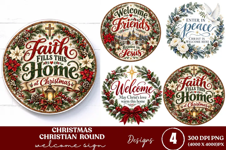 4 Christian Christmas Round Sign PNGs, 4 Jesus Christmas Doo