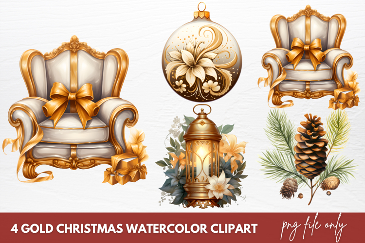 Gold Christmas Watercolor Clipart Sublimation