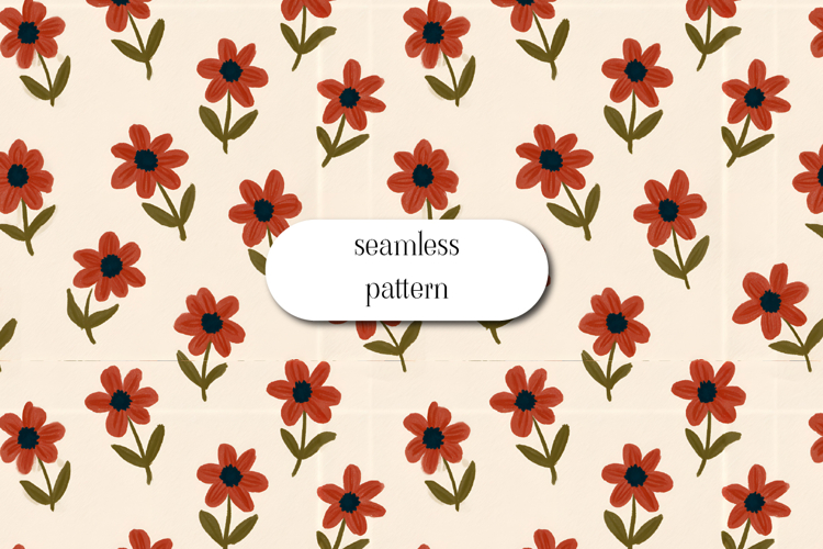 Red Floral Seamless Pattern, Vintage Flower Repeat JPG