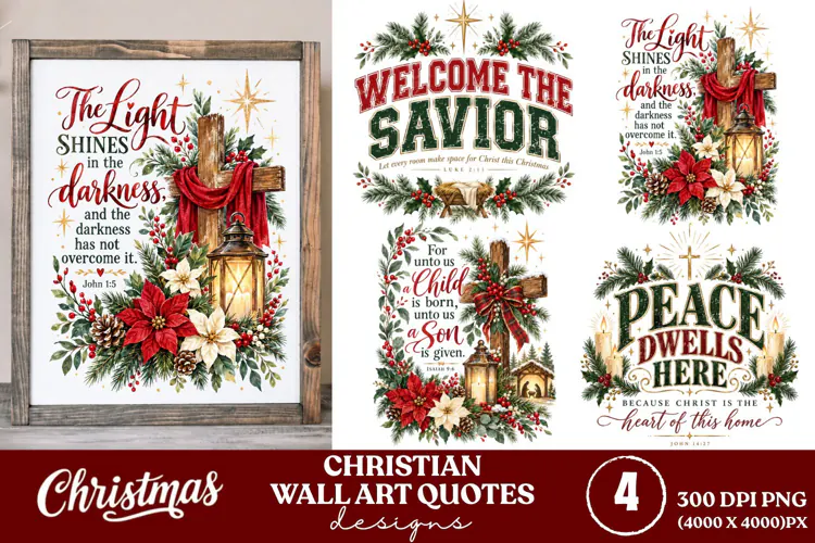 4 Christian Christmas Wall Art PNGs, 4 Bible Verse Christmas