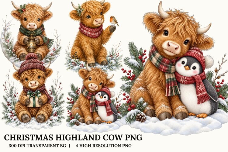 Christmas Highland Cow PNG Cozy Holiday Sublimation Design example image 1