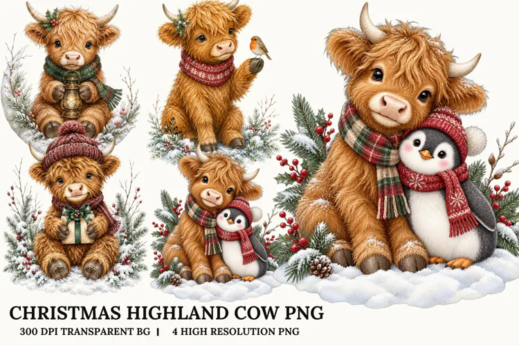 Christmas Highland Cow PNG Cozy Holiday Sublimation Design
