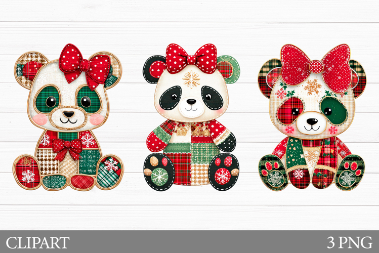 Christmas Panda Clipart. Patchwork Christmas Clipart