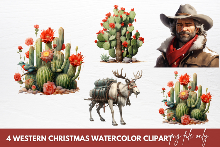 Western Christmas Watercolor Clipart Sublimation