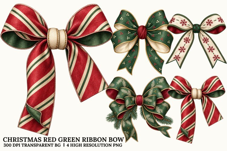 Christmas Red Green Bow PNG, Festive Ribbon Sublimation Art example image 1