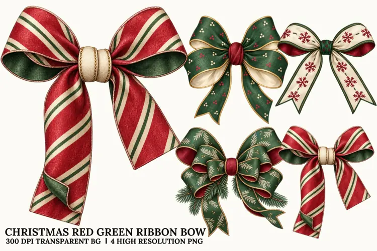 Christmas Red Green Bow PNG, Festive Ribbon Sublimation Art
