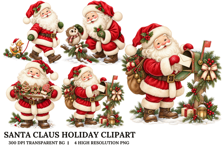Vintage Santa Claus Christmas Watercolor Sublimation PNG