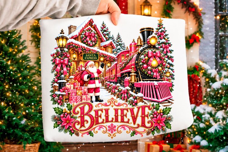 Believe Santa Express Christmas Train PNG Christmas T-shirt example image 1
