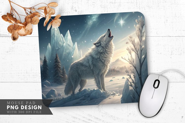 Winters Howl Wolf in a Crystal Forest Mouse Pad PNG Design