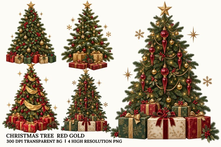 Christmas Tree PNG, Red Gold Holiday Decoration Sublimation example image 1