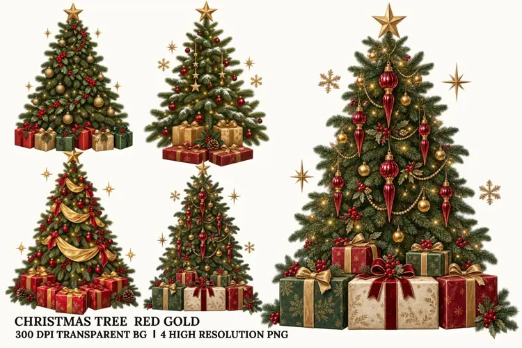 Christmas Tree PNG, Red Gold Holiday Decoration Sublimation