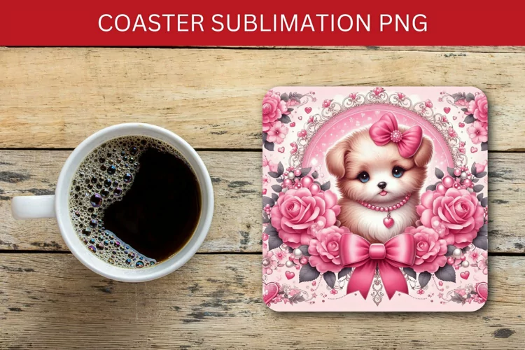 square coaster - pink puppy dog
