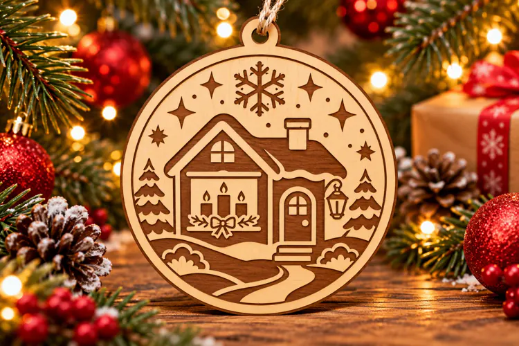 Christmas Cottage Wooden Ornament Laser Cut SVG