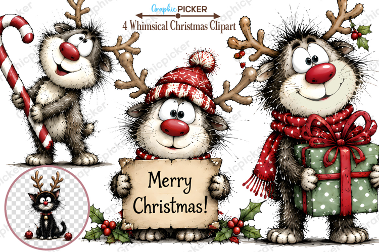 Whimsical Cats Christmas Clipart, Trending Christmas PNG