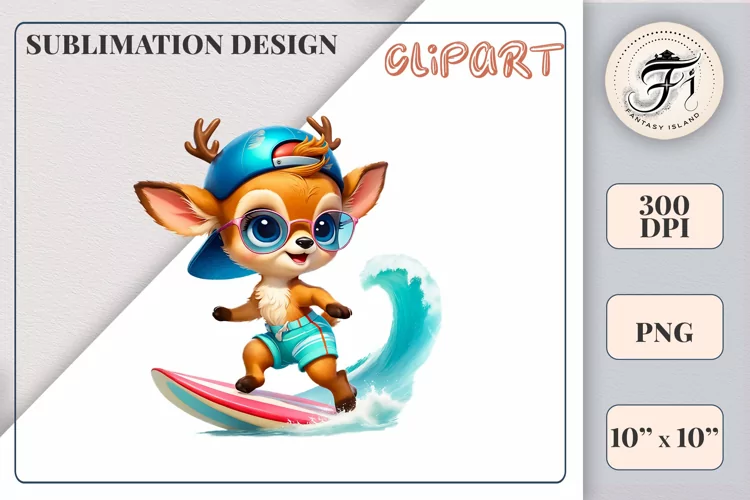 Cute Little Deer Surfer Cartoon| Sublimation Design| Ocean