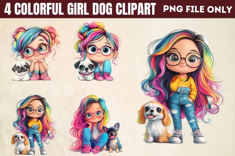 Colorful Girl Dog Clipart PNG