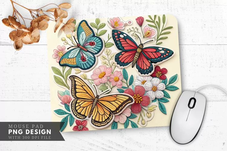 Butterfly Blooms Fabric Patch Mouse Pad PNG Design