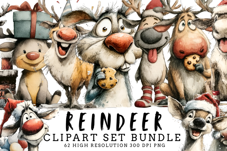 Reindeer Clipart Set Bundle | Cute Christmas Deer PNG | Holi