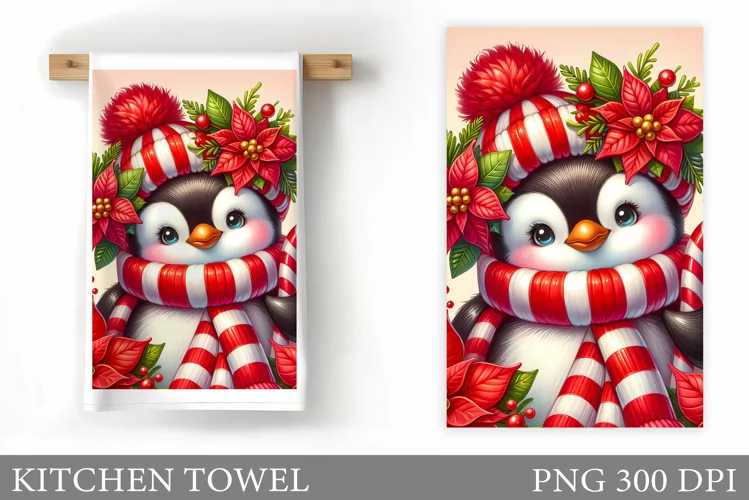 Cute Penguin Kitchen Towel. Christmas Kitchen Towel Design