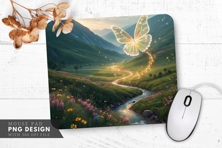 Enchanted Valley with Glowing Butterfly Mouse Pad PNG Design