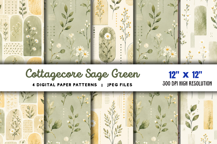 Cottagecore Sage Green Daisy Paper JPG