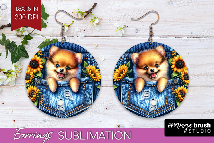 Denim Round Earrings - Dog In Pocket PNG Sublimation